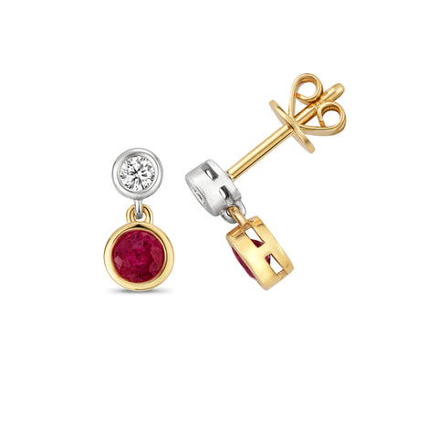 9CT YELLOW & WHITE GOLD RUBY & DIAMOND DROP EARRINGS