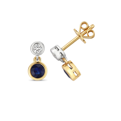 9CT YELLOW & WHITE GOLD SAPPHIRE & DIAMOND DROP EARRINGS