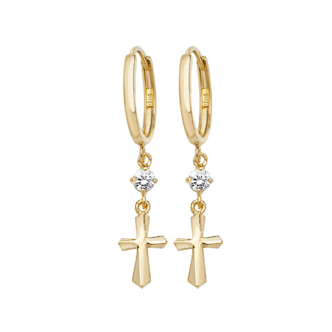9CT GOLD CUBIC ZIRCONIA SET CROSS DROP HUGGIE EARRINGS