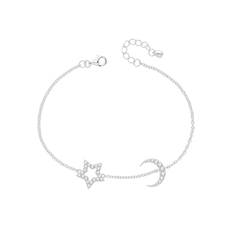 RHODIUM PLATED SILVER CUBIC ZIRCONIA STAR & MOON BRACELET