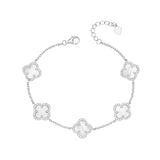 RHODIUM PLATED SILVER CUBIC ZIRCONIA & MOTHER OF PEARL FOUR LEAF CLOVER BRACELET