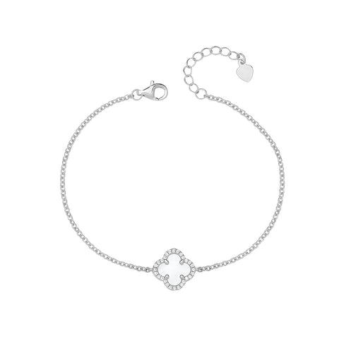 RHODIUM PLATED SILVER CUBIC ZIRCONIA & MOTHER OF PEARL FOUR LEAF CLOVER BRACELET