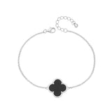 RHODIUM PLATED SILVER ONYX FOUR LEAF CLOVER BRACELET