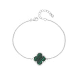 RHODIUM PLATED SILVER MALACHITE FOUR LEAF CLOVER BRACELET