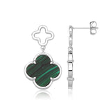 RHODIUM PLATED SILVER MALACHITE CLOVER LEAF EARRINGS