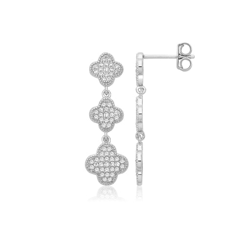 RHODIUM PLATED SILVER CUBIC ZIRCONIA SET TRIPLE CLOVER LEAF DROP EARRINGS