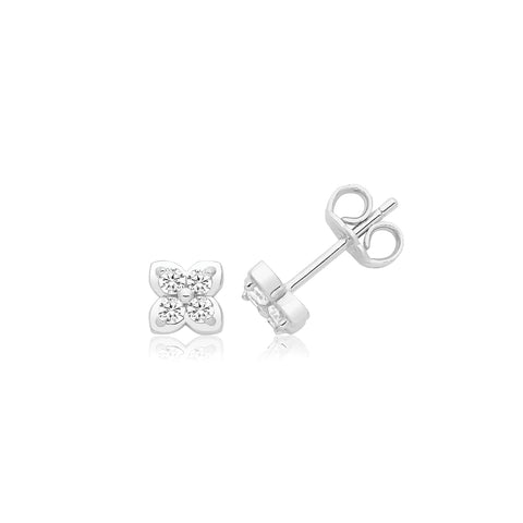 SILVER CUBIC ZIRCONIA FOUR-LEAF CLOVER STUD EARRINGS