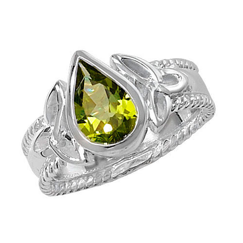 SILVER PEAR-CUT PERIDOT CELTIC DESIGN RING