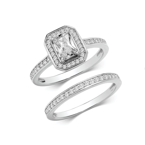 SILVER CUBIC ZIRCONIA BRIDAL ENGAGEMENT RING & MATCHING BAND SET