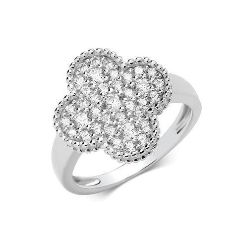 SILVER CUBIC ZIRCONIA FOUR LEAF CLOVER RING