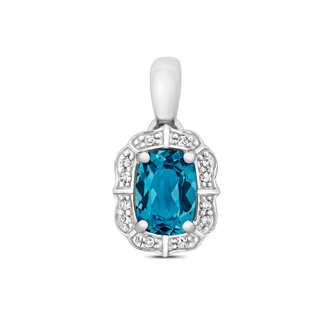 9CT WHITE GOLD CUSHION CUT LONDON BLUE TOPAZ & DIAMOND PENDANT