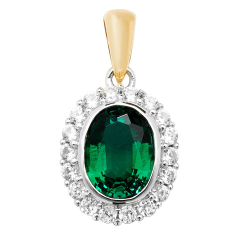 9CT GOLD OVAL CREATED EMERALD & WHITE SAPPHIRE PENDANT