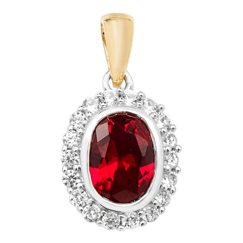 9CT GOLD OVAL CREATED RUBY & WHITE SAPPHIRE PENDANT