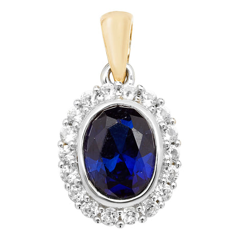 9CT GOLD OVAL CREATED SAPPHIRE & WHITE SAPPHIRE PENDANT
