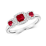 9CT WHITE GOLD THREE STONE RUBY & DIAMOND CLUSTER RING