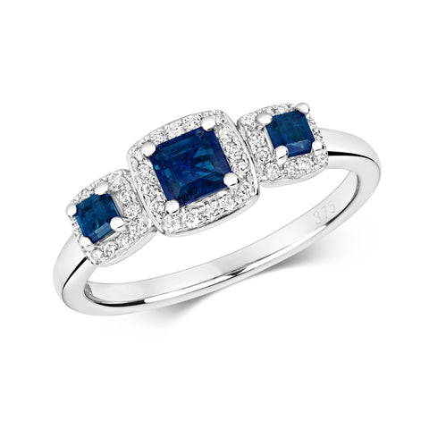 9CT WHITE GOLD THREE STONE SAPPHIRE & DIAMOND CLUSTER RING