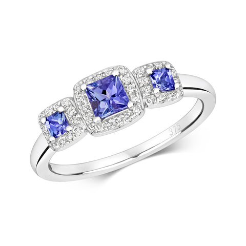 9CT WHITE GOLD THREE STONE TANZANITE & DIAMOND CLUSTER RING