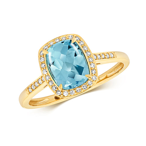 9CT GOLD CUSHION CUT BLUE TOPAZ & DIAMOND RING