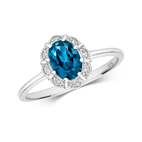 9CT WHITE GOLD OVAL LONDON BLUE TOPAZ & DIAMOND RING