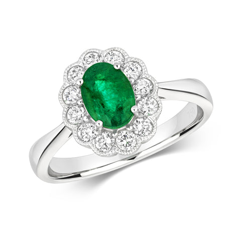 18CT WHITE GOLD CLASSIC OVAL EMERALD & DIAMOND CLUSTER RING