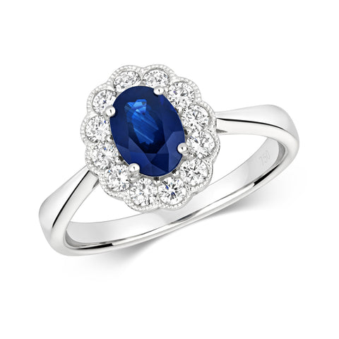 18CT WHITE GOLD CLASSIC OVAL SAPPHIRE & DIAMOND CLUSTER RING