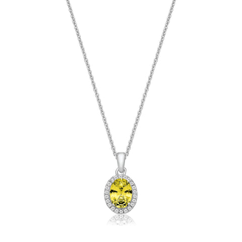 RHODIUM PLATED SILVER OVAL CUT YELLOW CUBIC ZIRCONIA HALO NECKLACE