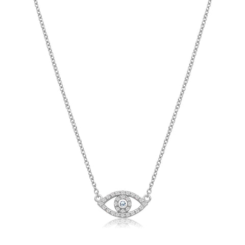 RHODIUM PLATED SILVER SMALL FINE CUBIC ZIRCONIA SET EVIL EYE NECKLACE