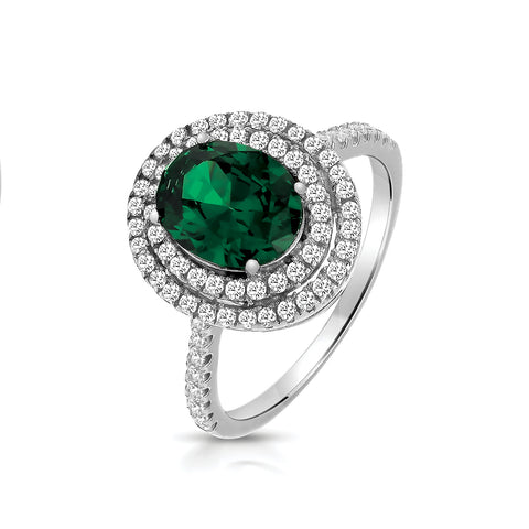 RHODIUM PLATED SILVER GREEN & WHITE OVAL CUBIC ZIRCONIA DOUBLE HALO RING