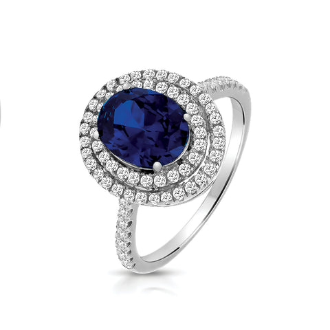 RHODIUM PLATED SILVER BLUE & WHITE OVAL CUBIC ZIRCONIA DOUBLE HALO RING