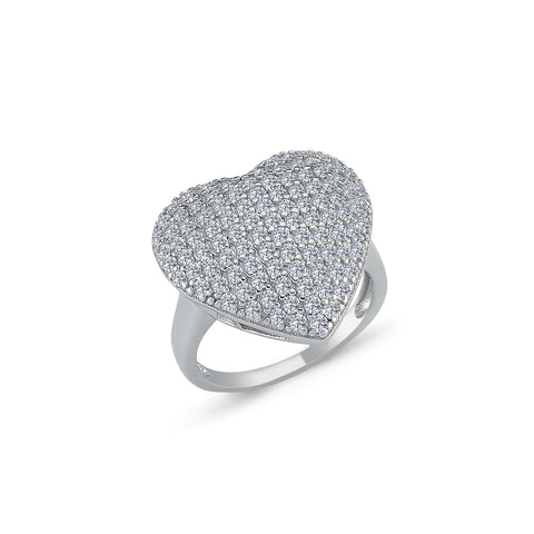 SILVER LARGE PAVE SET CUBIC ZIRCONIA HEART RING