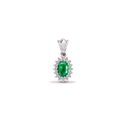 9CT WHITE GOLD OVAL EMERALD & DIAMOND PENDANT