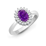 9CT WHITE GOLD OVAL AMETHYST & DIAMOND CLUSTER RING
