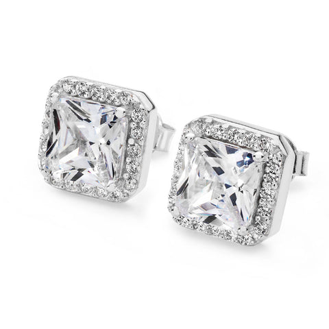 SILVER SQUARE CUBIC ZIRCONIA HALO STUD EARRINGS