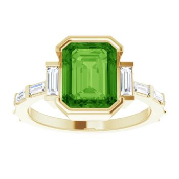 14CT GOLD EMERALD-CUT GREEN MOISSANITE & BAGUETTE DIAMOND ENGAGEMENT RING