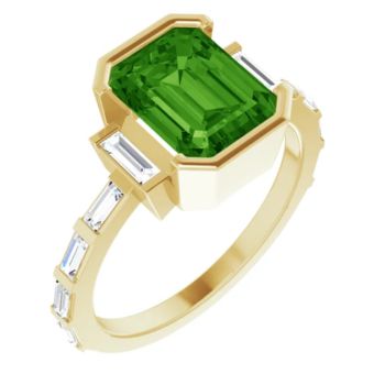 14CT GOLD EMERALD-CUT GREEN MOISSANITE & BAGUETTE DIAMOND ENGAGEMENT RING