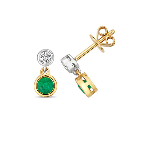 9CT YELLOW & WHITE GOLD EMERALD & DIAMOND DROP EARRINGS