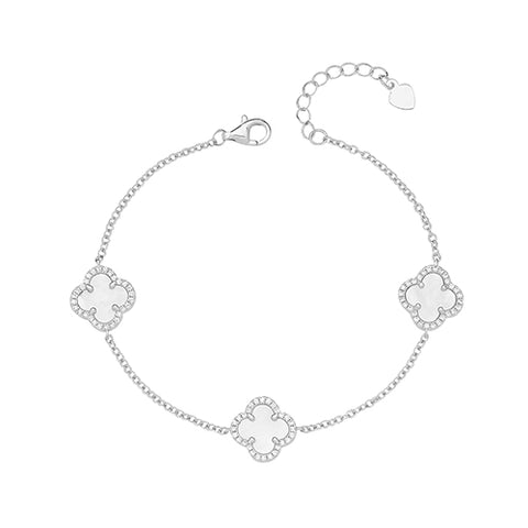 RHODIUM PLATED SILVER CUBIC ZIRCONIA & MOTHER OF PEARL FOUR LEAF CLOVER BRACELET