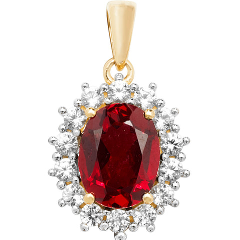 9CT GOLD OVAL CREATED RUBY & WHITE SAPPHIRE PENDANT