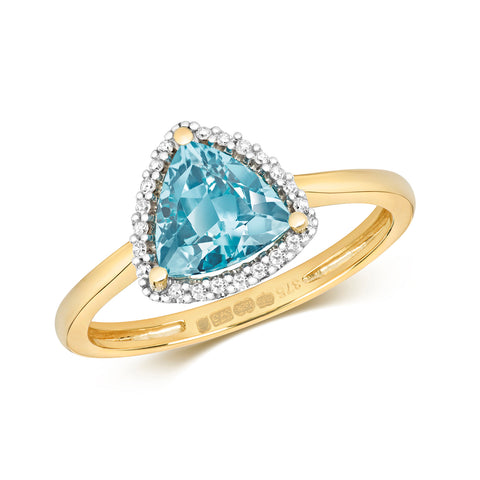 9CT GOLD TRILLIANT CUT LIGHT SWISS BLUE TOPAZ & DIAMOND RING