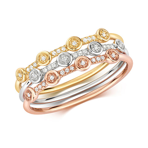 9CT THREE-COLOUR GOLD SET OF THREE STACKING DIAMOND RINGS