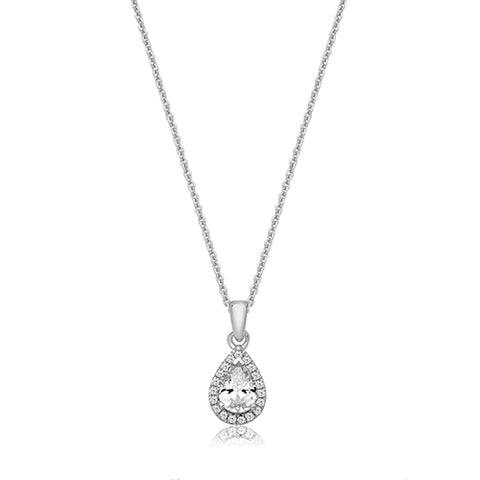 RHODIUM PLATED SILVER PEAR CUT CUBIC ZIRCONIA HALO NECKLACE