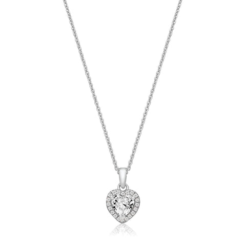 RHODIUM PLATED SILVER HEART SHAPE CLEAR CUBIC ZIRCONIA HALO NECKLACE