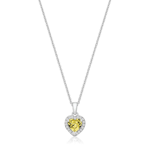 RHODIUM PLATED SILVER HEART SHAPE YELLOW CUBIC ZIRCONIA HALO NECKLACE
