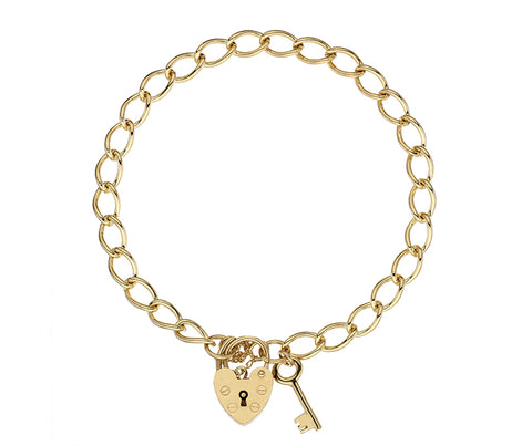 9CT SOLID GOLD 5.38MM OPEN CURB 7.5" CHARM BRACELET WITH PADLOCK & KEY