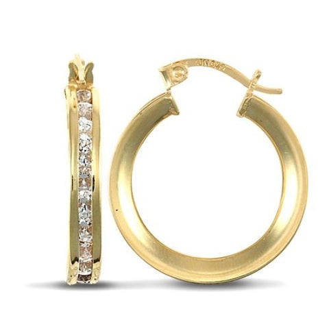 9CT GOLD CHANNEL SET CUBIC ZIRCONIA CREOLE HOOPS