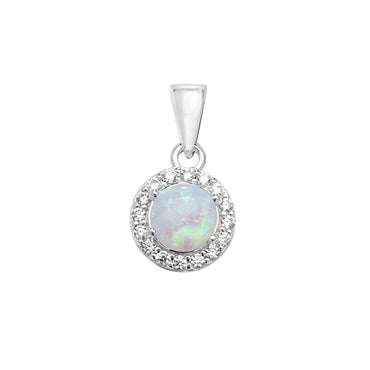 SILVER ROUND CREATED OPAL & CUBIC ZIRCONIA HALO PENDANT