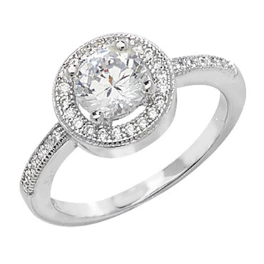RHODIUM PLATED SILVER CUBIC ZIRCONIA ROUND HALO RING