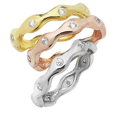SILVER VERMEIL 3-COLOUR WAVY CUBIC ZIRCONIA SET STACKING RINGS