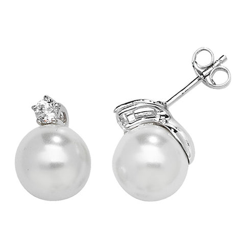 RHODIUM PLATED SILVER GLASS PEARL & CUBIC ZIRCONIA STUD EARRINGS
