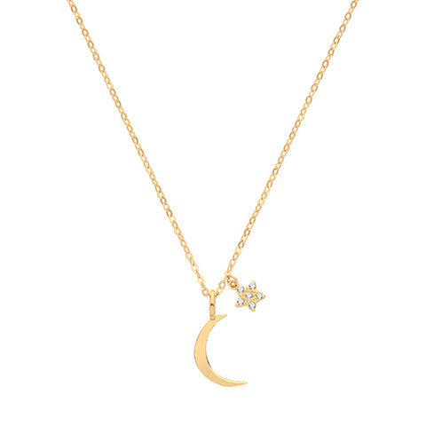 9CT GOLD CRESCENT MOON AND CUBIC ZIRCONIA SET STAR NECKLACE